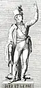 Gravure représentant une statue de Charette, chapeau haut-de-forme et uniforme à la hussarde, main gauche en l'air et main droite s'appuyant sur son épée.