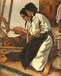 Paysannes au travail sur un métier à tisser