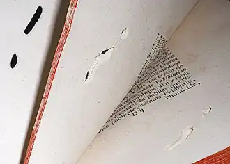 Photographie d'un livre du XVIIIe siècle montrant des galeries creusées par une larve de Stegobium paniceum