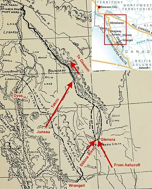 Route Takou et Stikine. En bas à droite, la branche de la route Stikine depuis Wrangell rejoint celle d'Ashcroft à Glenora. Les pistes continuent le long des pointillés. Au milieu, la route Takou rejoint la route Stikine au lac Teslin. Les deux rejoignent ensuite la piste Dyea/Skagway en haut à gauche.