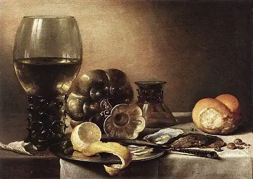 Nature morte, huile sur planche de chêne, 38 × 53 cm, 1633 (Gemäldegalerie Alte Meister, Cassel).