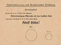 Bulletin de vote du 10 avril 1938, comprenant deux cercles, le grand cercle étant marqué Oui, le petit Non