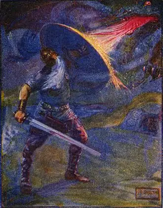 Beowulf face au dragon. Illustration de J. R. Skelton pour Stories of Beowulf de H. E. Marshall (1908).