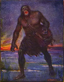 Dessin d'un ogre la gueule ouverte, vêtu d'un simple pagne et portant un sac, dans un paysage de lande désert avec le soleil levant à l'horizon.