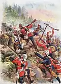 Deuxième guerre anglo-afghane, bataille de Peiwar Kotal (victoire britannique, novembre 1878). Les soldats du King's Own Royal Regiment montent à l'assaut des hauteurs de la passe de Peiwar Kotal. Les Martini-Henry sont fidèlement représentés : levier de sous-garde, pas de chien externe.