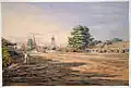 Panorama d’Amarapura en 1855 avec deux tribunaux, le Yooung Dau tout à gauche et le Teya Yooung tout à droite.