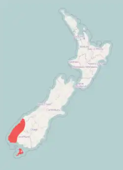 Carte de Nouvelle-Zélande, en rouge aire de répartition du kakapo.
