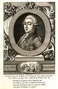 Pierre-André de Suffren vu par une illustration française de 1785, avec une dédicace à sa gloire.