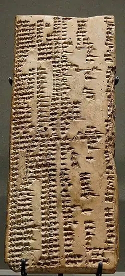 Seizième tablette de la liste lexicale Urra = ḫubullu, listant les pierres et les objets en pierre. Uruk, milieu du Ier&nbsp;millénaire&nbsp;av. J.-C., musée du Louvre.