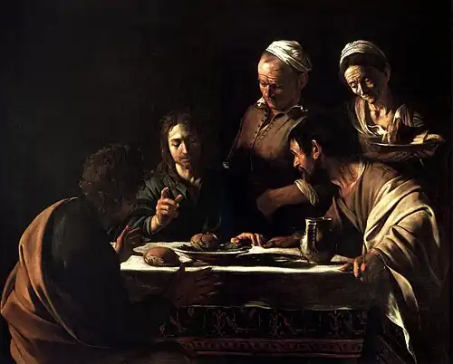 Peinture. Trois hommes sont assis à table, un homme et une femme sont debout et les servent.