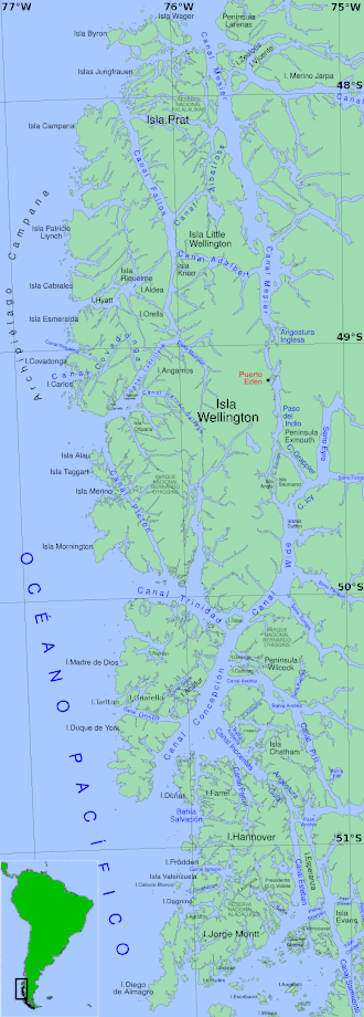 La côte sud du Chili et l'archipel de Patagonie. L'île Hanovre se trouvede part et d'autre du 51e parallèle sudet entre les 74e et 75e méridiens ouest.