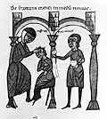 Chirurgien examinant une fracture du crâne - Rolandus Parmensis, Chirurgia, Rome : Bibliothèque Casanatense MS 1382, folio 11 recto.