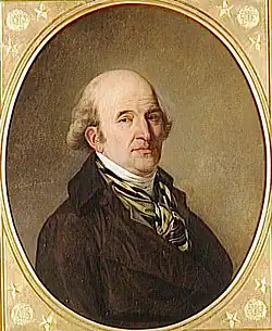 Peinture en plan poitrine d'un homme de profil, tête tournée vers l'artiste. Cadre ovale.
