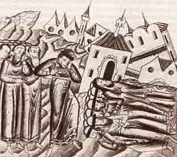 Dessin médiéval : un groupe d'individus (à gauche) détruit une ville (à droite - on voit également un groupe d'individus en position horizontale).