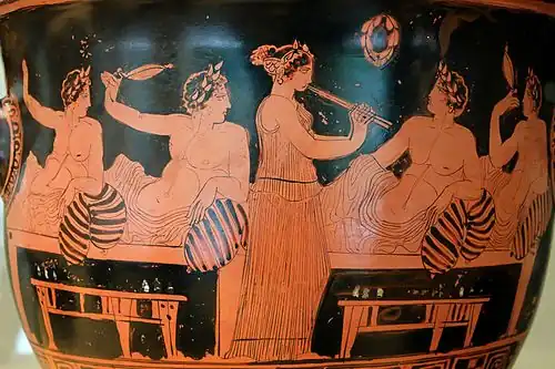 Banquet de L'Antiquité. (Cratère à figures rouges, 530 av. J.-C..)
