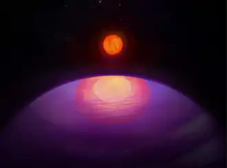 Vue d'artiste exoplanète LHS 3154 b devant son étoile naine rouge.