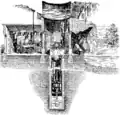 Locomobile pompant l'eau d'un puits vers un réservoir se déversant en cascade, avant 1891.