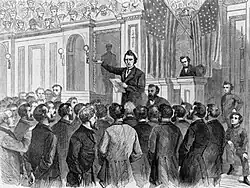 Dessin d'un homme donnant un discours dans un amphithéâtre devant un groupe d'hommes debout.