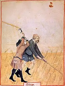 Représentation médiévale de deux paysans battant du blé.