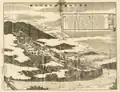 Peinture du grand sanctuaire de Taïwan durant la domination coloniale japonaise. Au bas de la peinture se trouve la rivière Keelung et dans le coin inférieur droit le pont de Meiji est partiellement visible.
