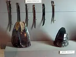 Six lames longues et fines faites de verre volcanique, suspendues verticalement derrière une vitrie. Devant ces lames, deux morceaux anguleux de pierre sombre mais luisante.