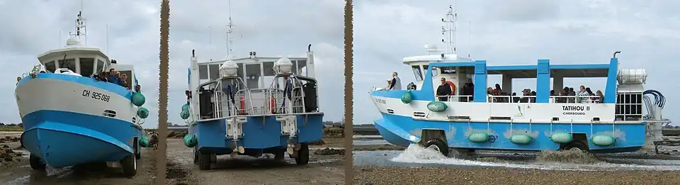 Tatihou II, le bateau amphibie qui relie Tatihou à Saint-Vaast-la-Hougue, en flottant à marée haute, en roulant à marée basse.