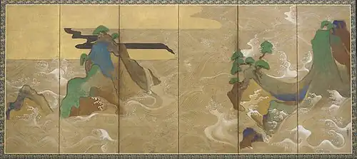 Tawaraya Sotatsu, Les Vagues à Matsushima, paravents à 6 feuilles, paire, 1628, encre, couleurs, argent et or, papier, ch. 166&nbsp;×&nbsp;370&nbsp;cm (Freer Gallery of Art).