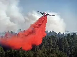avion larguant un nuage de liquide rouge sur une forêt.