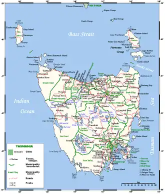 Carte de Tasmanie avec l'archipel Furneaux en haut à droite.