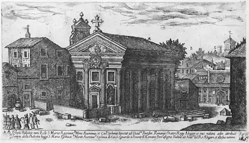 Dessin en noir en blanc d'un ensemble de bâtiments dont l'un est surmonté d'un fronton triangulaire.