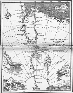 Carte de la région traversée par l'expédition. Deux traces sont dessinées et traversent la carte verticalement.