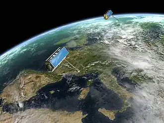 Description de l'image TerraSAR-X and TanDEM-X satellites in formation flight over Europa.jpg.
