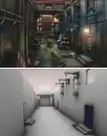 Évolution entre les esquisses des lieux en 2D et leur réalisation en 3D (textures non appliquées). À droite : un dessin technique d'un lieu du jeu, de ses animations et de ses endroits interactifs.