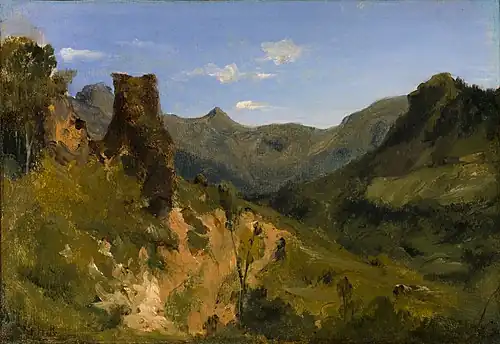 Valley in the Auvergne Mountains conservé au Saint-Louis Art Museum Une vue plus rapprochée du cirque du Falgoux avec le puy Mary à gauche de l'aiguille de brèche volcanique et le roc du Merle à droite.
