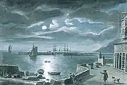 Gravure. Rade au clair de lune : barques amarrées au premier plan, cotre sortant et trois-mâts à l'entrée
