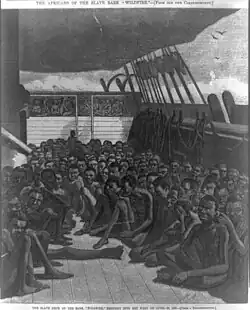 imprimé à partir de gravure sur bois, noirs sans vêtements entasséssur le pont d'un navir