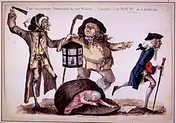 Dessin représentant un homme portant une veste bleue et une canne en train de courir pour échapper à deux hommes portant une veste jaune. L'un d'eux tient une lanterne et à leurs pieds se trouve un sac entrouvert où l'on peut voir une femme apparemment morte.