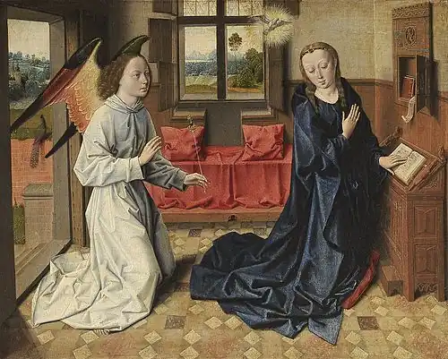 Peinture. L'ange arrive dans la pièce et s'adresse calmement à Marie agenouillée à son prie-Dieu.