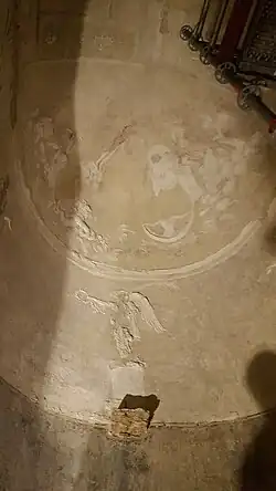 Cul-de-four de l'abside, avec, à gauche, Apollon debout sur un rocher et, à droite,  une représentation présumée de la Mort de Sapphô.