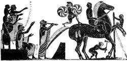 Dessin noir et blanc d'un cheval monté de style grec vu de profil.