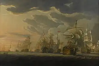 Peinture de Robert Cleveley représentant la bataille du cap Saint-Vincent