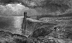 Gravure montrant un château en ruines sur un piton rocheux dominant la mer.