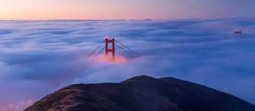 Le pont du Golden Gate vu depuis le comté un matin brumeux.