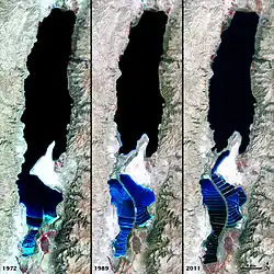 Carte satellite de l'évolution de la mer Morte en 1972, 1989 et 2011.