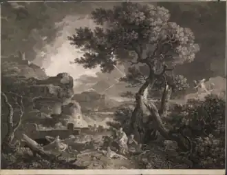 Niobé est au centre, serrant un petit enfant vers elle et lève les yeux vers le ciel. À droite, Apollon et Artémis tirent des flèches sur ses enfants. Plusieurs sont déjà morts ou blessés ; les autres, à gauche, tentent de s'échapper. Il y a une masse d'arbres cassés à l'extrême droite, une forteresse et une mer orageuse avec un éclair à gauche. L'image est dans le sens inverse de celui du tableau, à savoir que l'arbre du premier plan est à droite et la forteresse à gauche.