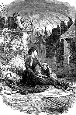 Premier plan lumineux : à l'abri d'un haut mur fleuri à gauche, jeune femme assise sur une couverture avec un panier et des livres, un bras protecteur derrière une enfant qui lit, l'air concentré, à côté d'elle. Elle regarde arriver, au second plan dans l'ombre à droite, le vieux Riah et Fledgeby ; en arrière-plan des toits immeubles aux cheminées crachant la fumée