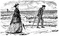 Plage, homme marchant l'ai renfrogné, derrière, femme traînant les pas. Les traces révèlent que leur chemin a divergé et on distingue les coups rageurs donnés au sable soit par une canne ou un parapluie
