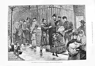 Des chômeurs de l'East End demandant de l'aide humanitaire (The Illustrated London News, 27 mars 1886).