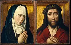Dessin montrant le buste du Christ couronné d'épines, pleurant et joignant les mains.