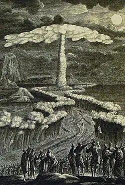 gravure noir et blanc montrant une colonne de fumée devant une mer coupée en deux